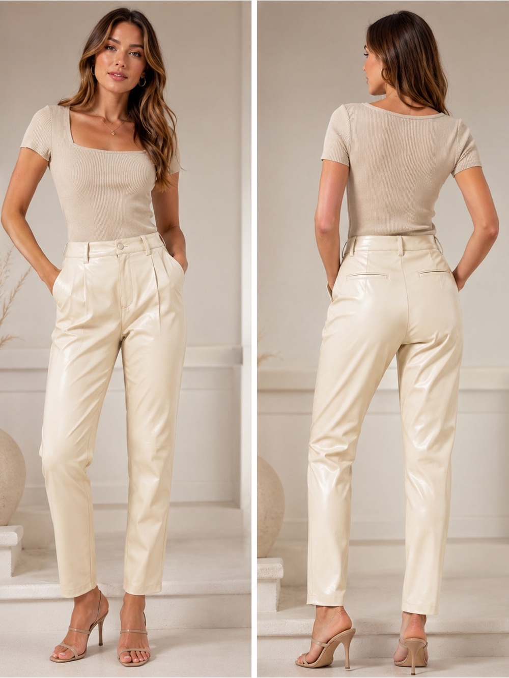 Faux leather cream pants